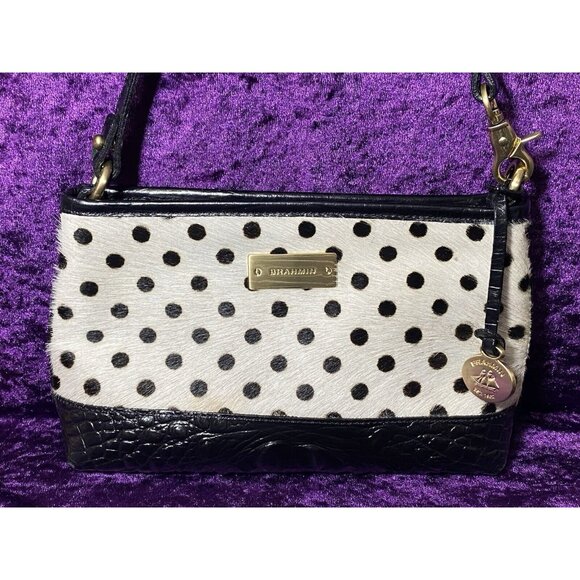 BRAHMIN Polka Dot Calf Hair Mini Shoulder Bag Leather Croc Black White